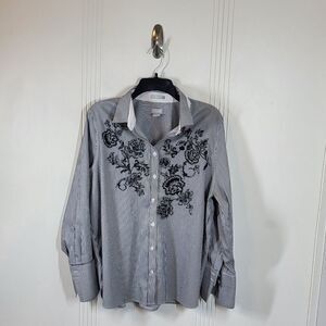Plus Size Chico's Black & White Blouse With Embroidered Flowers